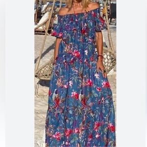 Guadalupe Design SZ LGE Smocked Blue Floral Bird print off shoulder maxi dress